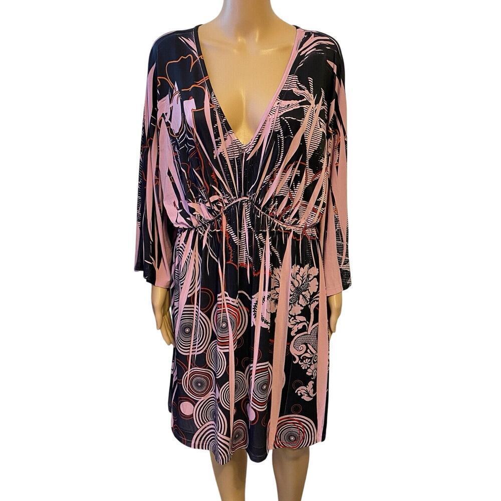 Vintage Daniel Benjamin USA Dress Sz 3X Pink Black VNeck High Elastic Waist Boho